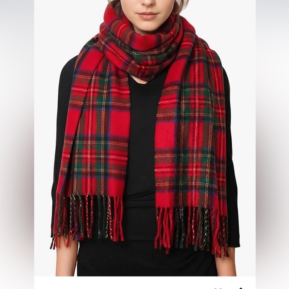 Red Plaid Scarf Fringe Oblong Shawl Wrap Wander Agio NWT - Picture 13 of 14
